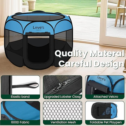 Love's cabin Pet Puppy Dog Playpen, Small Dog Tent Crates Cage Indoor/Outdoor, Portable Playpen for Cat, Foldable Pop Up Dog Kennel Playpen with Carring Case, Removable Zipper Top, Blue