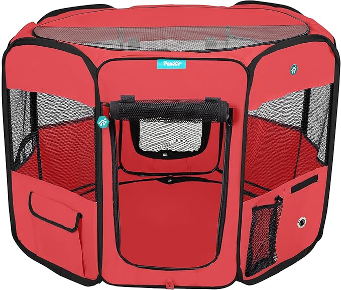 Deluxe Premium Pet Dog Playpen Portable Soft Dog Exercise Pen Kennel with Carry Bag for Dogs, Cats, Kittens, and All Pets (Medium, Red)
