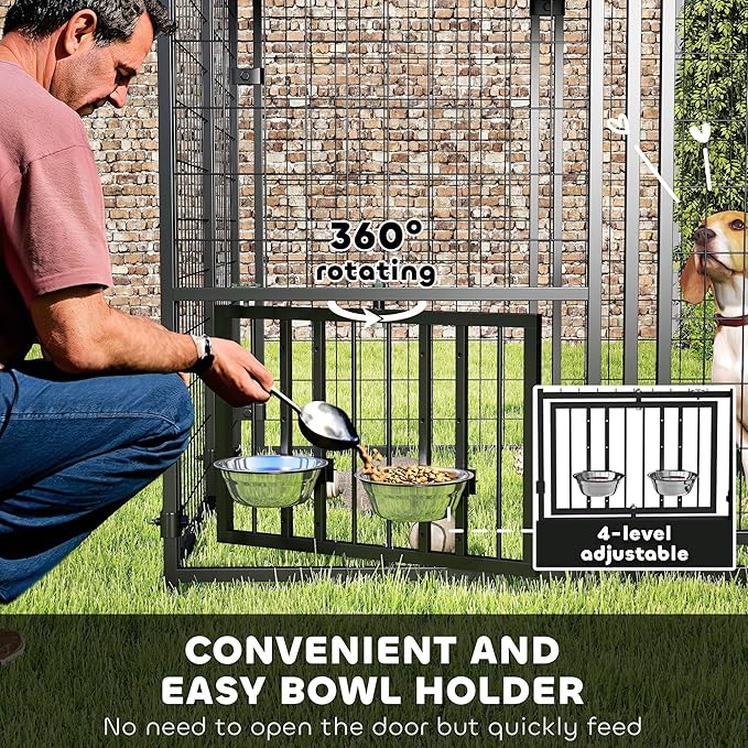 PawHut 4.6' x 4.6' x 5' Outdoor Dog Kennel, Welded Wire Dog Kennel Outside Run with 360° Rotating & 4 Level Adjustable Bowls, Waterproof & UV Resistant Cover, for S&M Breeds, Chickens, Ducks, Red