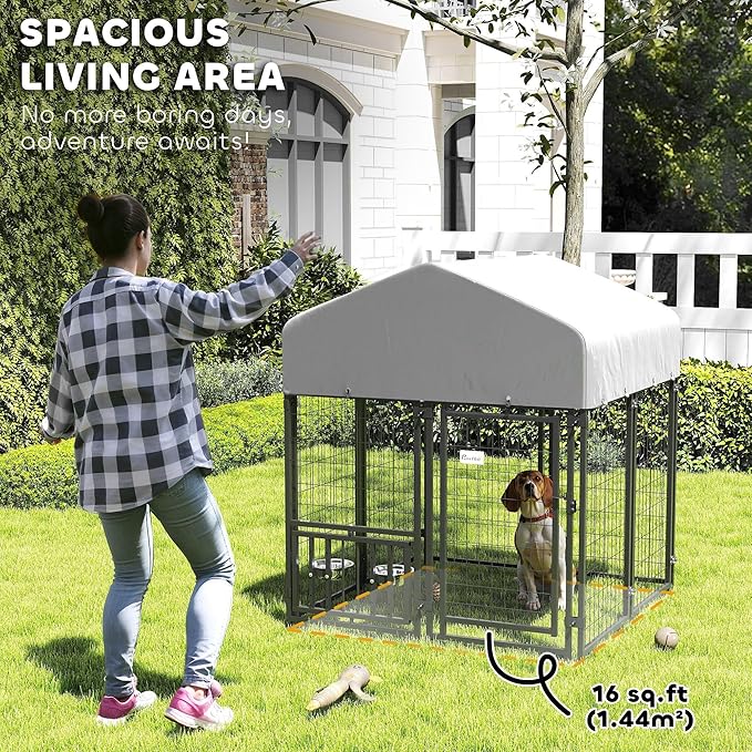 PawHut 4' x 4' x 4.5' Outdoor Dog Kennel, Welded Wire Dog Kennel Outside Run with 360° Rotating & 4 Level Adjustable Bowls, Waterproof & UV Resistant Cover, for S&M Breeds, Chickens, Ducks, Silver