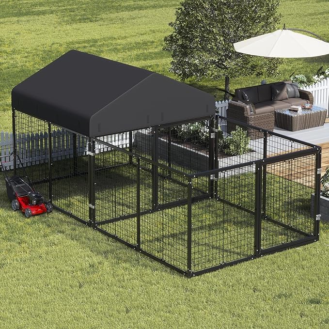 Petony Outdoor Dog Kennel with Dog Fence for Medium/Small Dogs Anti-Rust Coating Cage with Roof All Weather Resistant Dog House with Double Locks
