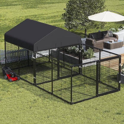 Petony Outdoor Dog Kennel with Dog Fence for Medium/Small Dogs Anti-Rust Coating Cage with Roof All Weather Resistant Dog House with Double Locks