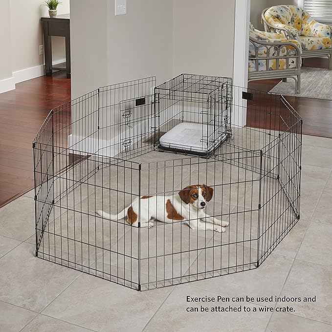 MidWest Homes for Pets 30-Inch Exercise Pen, for Indoor and Outdoor Use, 16 Sq Feet of Play, Single Door Folding Dog Pen, with Large Door Opening & Secure Latch, Easy to Set Up, Foldable Dog Playpen