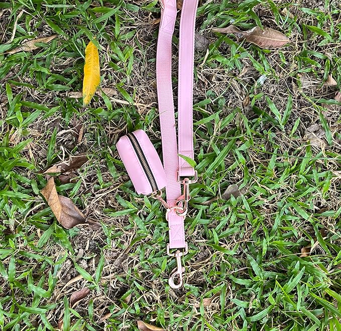 Dog Collar and Leash Set.Soft and Easy to Clean Vegan Leather with Rose Gold Metal Buckle for Small Medium Large Dogs (Pink-, Poop Bag Dispenser)