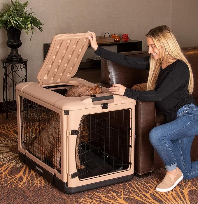 Pet Gear “The Other Door” 4 Door Steel Crate for Dogs/Cats with Garage-Style Door, Includes Plush Bed + Travel Bag, No Tools Required, Beige, 36 Inch