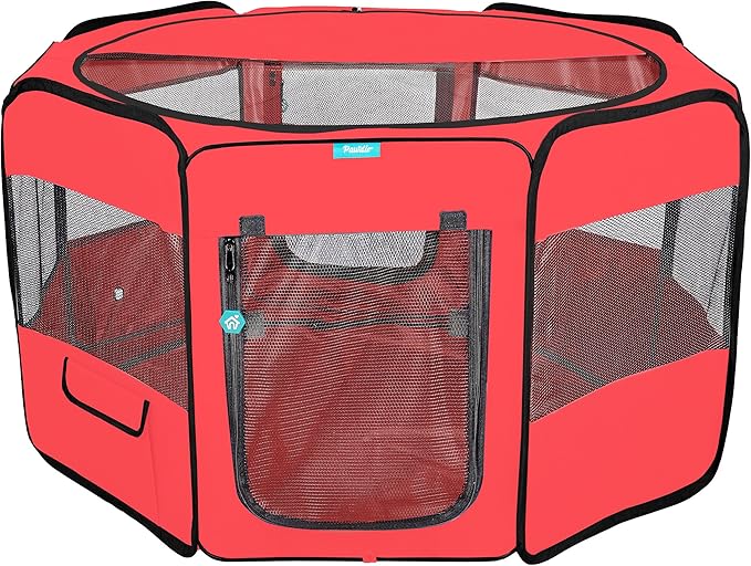 Deluxe Premium Pet Dog Playpen Portable Soft Dog Exercise Pen Kennel with Carry Bag for Dogs, Cats, Kittens, and All Pets (Large, Red)