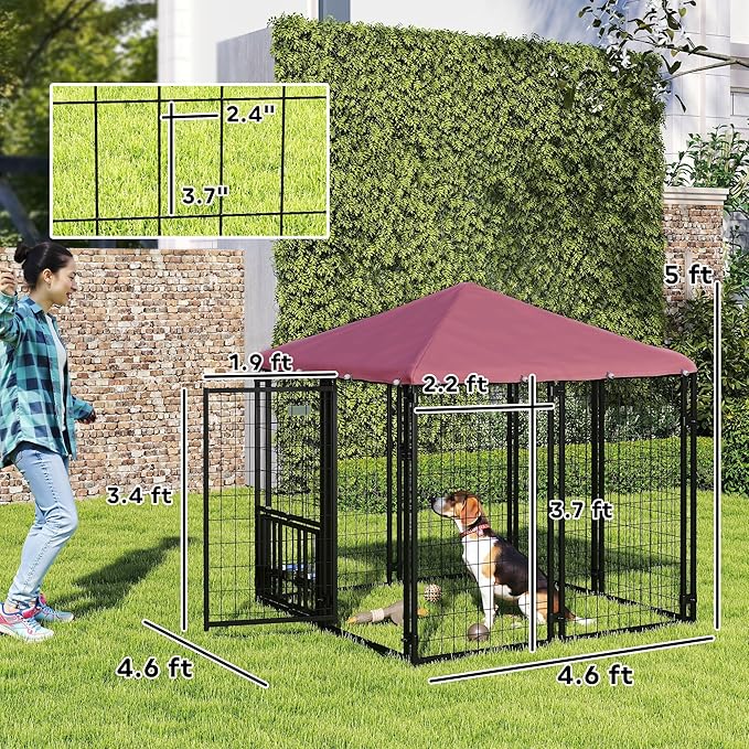 PawHut 4.6' x 4.6' x 5' Outdoor Dog Kennel, Welded Wire Dog Kennel Outside Run with 360° Rotating & 4 Level Adjustable Bowls, Waterproof & UV Resistant Cover, for S&M Breeds, Chickens, Ducks, Red