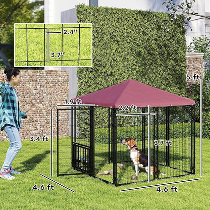 PawHut 4.6' x 4.6' x 5' Outdoor Dog Kennel, Welded Wire Dog Kennel Outside Run with 360° Rotating & 4 Level Adjustable Bowls, Waterproof & UV Resistant Cover, for S&M Breeds, Chickens, Ducks, Red