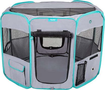 Deluxe Premium Pet Dog Playpen Portable Soft Dog Exercise Pen Kennel with Carry Bag for Dogs, Cats, Kittens, and All Pets (Medium, Grey)