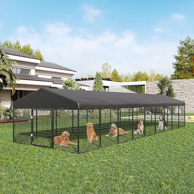 Petony 354" x 118" Large Outdoor Dog Enclosure,Heavy Duty Dog Cage with Roof,Galvanized Steel Dog Kennel Fence with Double Safety Locks