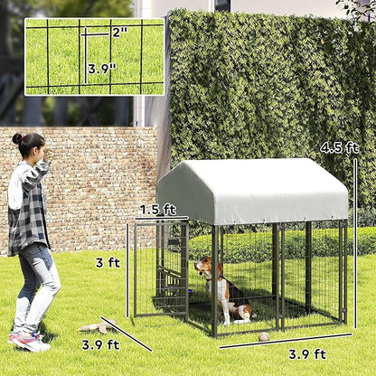 PawHut 4' x 4' x 4.5' Outdoor Dog Kennel, Welded Wire Dog Kennel Outside Run with 360° Rotating & 4 Level Adjustable Bowls, Waterproof & UV Resistant Cover, for S&M Breeds, Chickens, Ducks, Silver