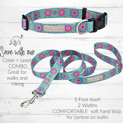 Lucky Love Dog, Boho Chic Matching Dog Collar and Leash Set, Vivid Pink and Turquoise Collar and Leash for Dogs, Soft, Adjustable, Safe for Training and Walking - (X-Small, Clara Combo)