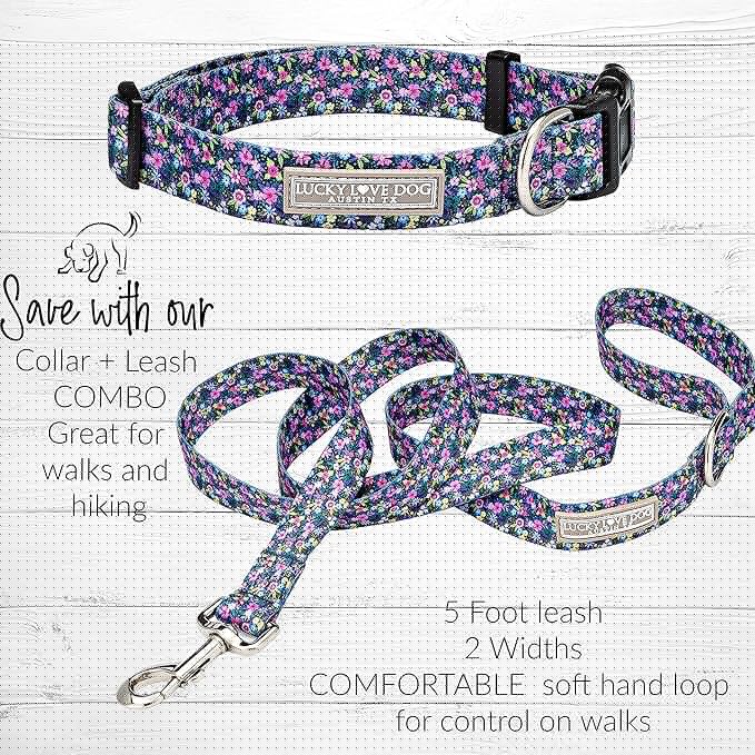 Lucky Love Dog, Matching Dog Collar & Leash Set for Female Dogs, Soft, Adjustable, Safe for Training and Walking, Black & Purple Floral Print, Primrose Combo, Small
